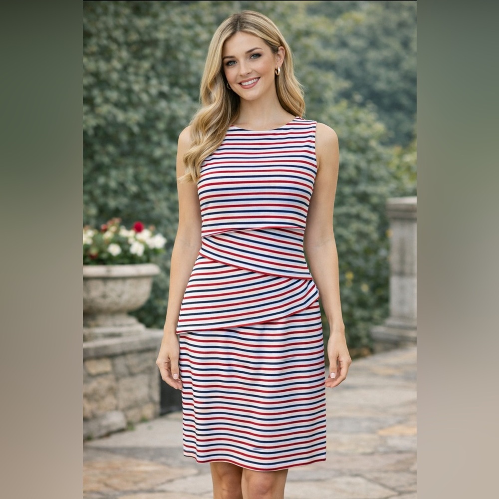 J. McLaughlin Dress M Medium Stretch Stripes Red White Blue Tiered